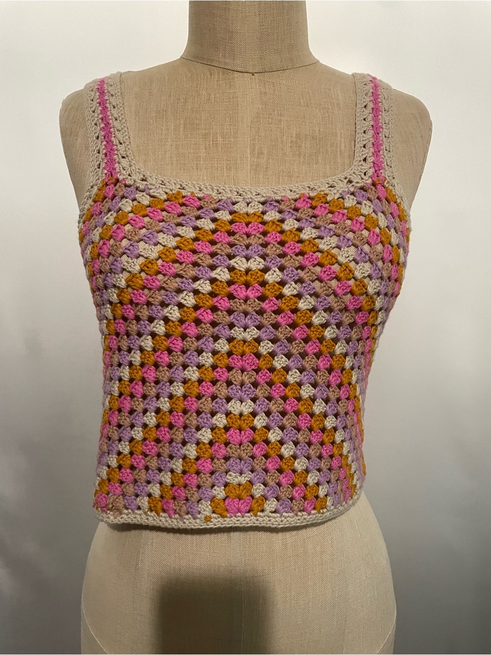Cotton Emporium Crocheted Camisole in Pink, Lavender & Gold